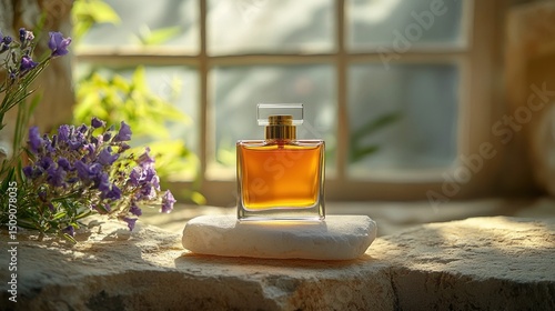 Amber perfume bottle on stones near window with flowers