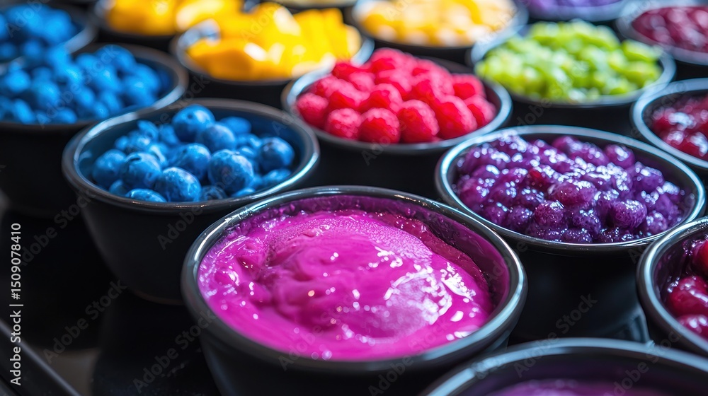 Naklejka premium Colorful bowls of fresh fruit and yogurt parfaits