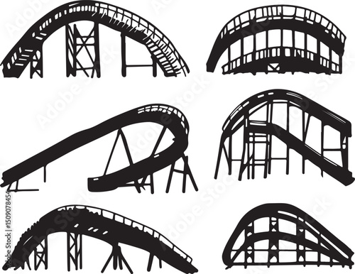 Roller Coaster Silhouettes: Amusement Park Ride Vector Graphics, Black and White Design Elements