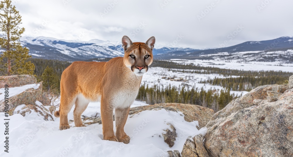 Obraz premium The image is a portrait of a puma, or mountain lion and cougar, situated in a mountain range during the winter season