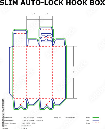Slim auto lock hook box packaging design template