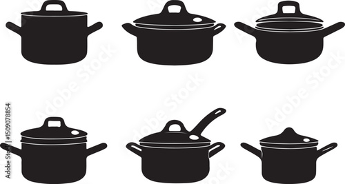 Black & White Vector Illustration of Cooking Pots & Pans with Lids Kitchenware Clipart