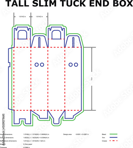Tall slim tuck end box packaging template diagram