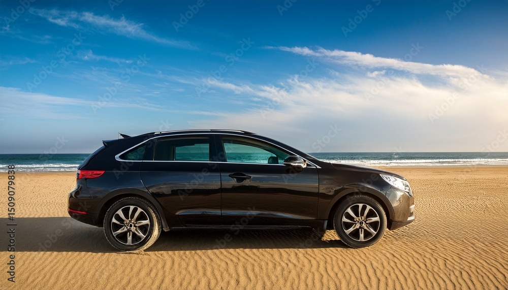 Fototapeta premium a black car is parked on a sandy beach