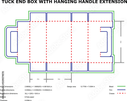 Tuck end box packaging design with hanging handle extension diagram