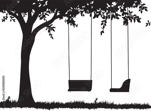 Silhouette of Tree with Swings: Nature Scene, Outdoor Recreation, Minimalist Art, Peaceful Landscape