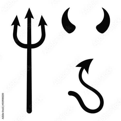 Devil's trident, tail, and horns vector design set. Halloween, fantasy, or evil costume elements for party decorations, illustrations, or graphics. Black silhouette isolated on white background.