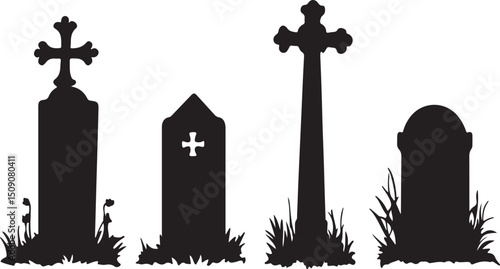 Gravestone Silhouettes: Cemetery Headstones Vector Art, Memorials, Funeral Graphics, Death Imagery