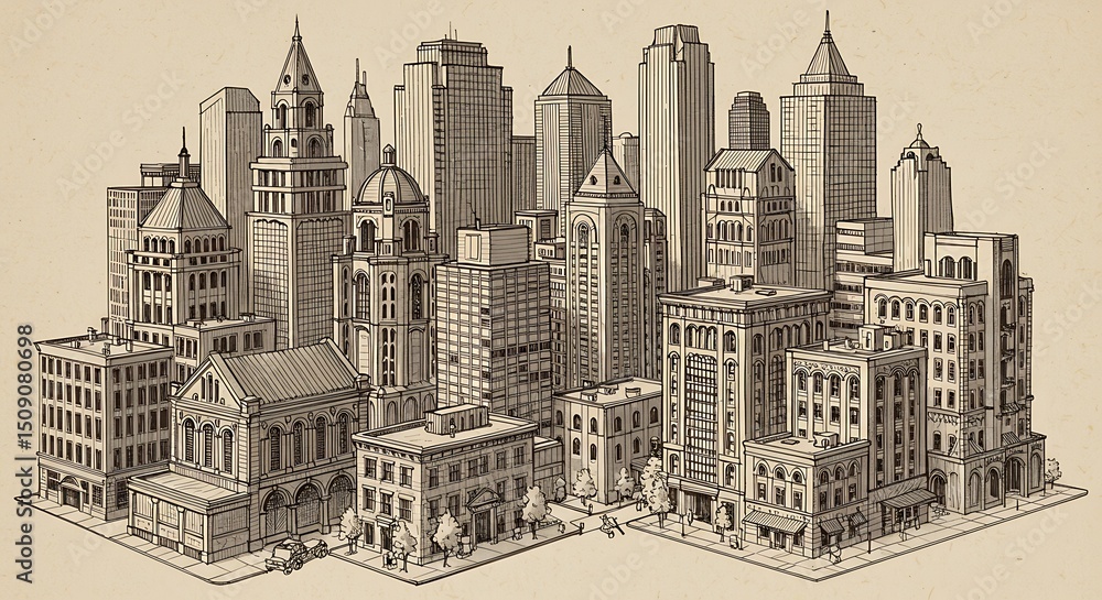 Cityscape Sketch with Buildings and Street View Cityscape Sketch with Buildings and Street View