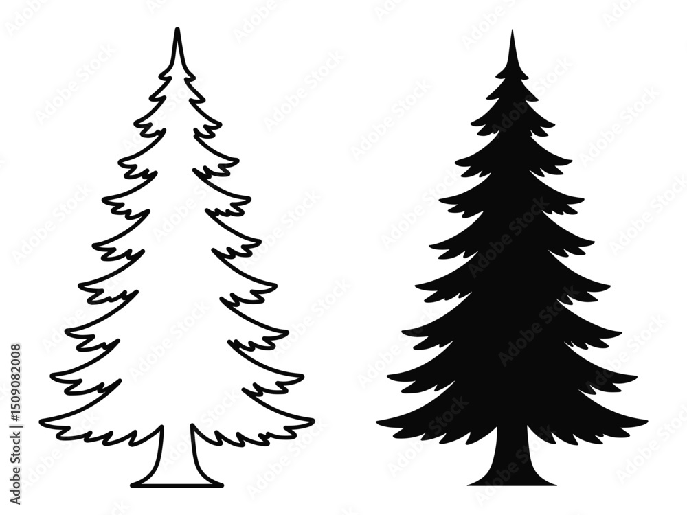 Obraz premium Vector Pine Tree Silhouette and Outline Illustration – Evergreen Tree Design