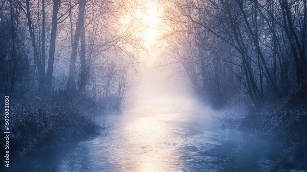 Fototapeta premium Misty river flowing through a tranquil forest.