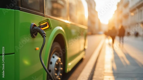 Urban Electric Bus Charging at Sunset with Pedestrians on a City Street