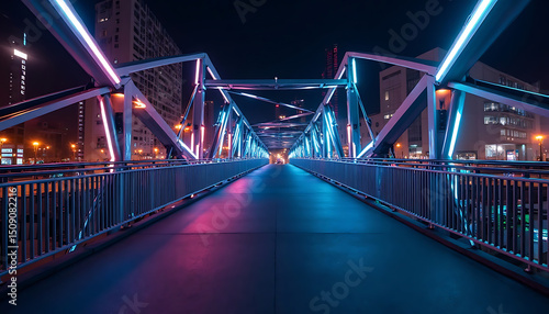 Neon Bridge at Night: Urban Structure with Vibrant Lights