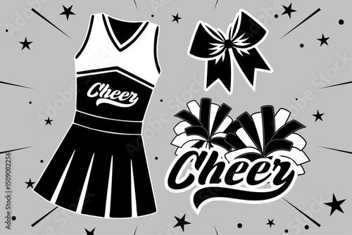 Cheerleader Uniform, Bow, and Pom-Poms Vector Graphic with Stars and Streaks. Vector Illustration.