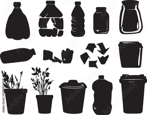 Black & White Vector Silhouettes of Recycling, Plastic Bottles, Jars, Plants, and Trash Cans