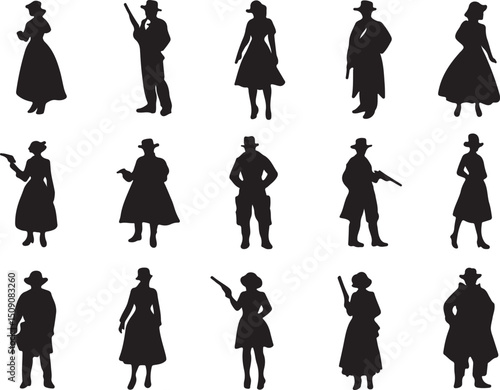 Vintage Western Silhouettes: Cowboy, Cowgirl, Old West Characters Vector Graphics Collection