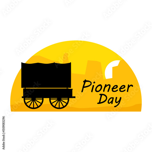 Silhouette of a covered wagon against the backdrop of mountains and sunset for Pioneer Day
