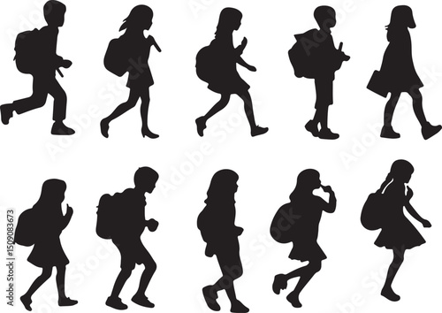Silhouette of School Children Walking with Backpacks Vector Illustration Clip Art