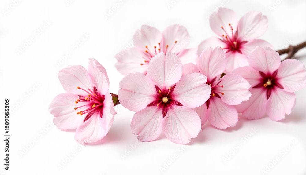 Delicate pink cherry blossoms arranged on white background Delicate pink cherry blossoms arranged on white background