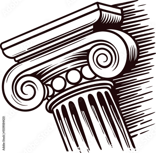 Intricate drawing of classical greek ionic column capital in black and white