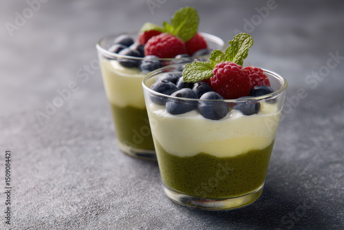 Two glass cups of matcha and vanilla parfait topped with berries