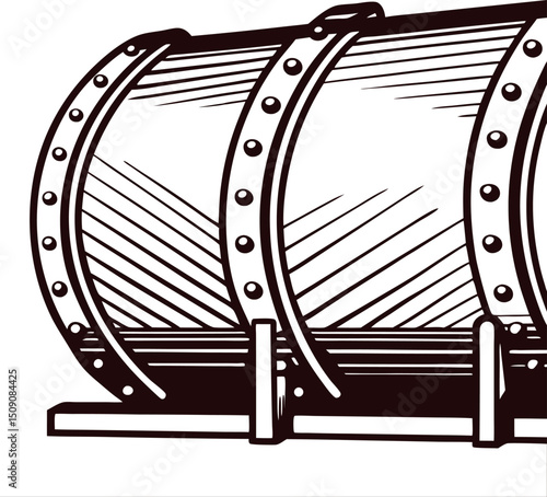 Wooden barrel with metal hoops on stands, rustic storage container for liquids