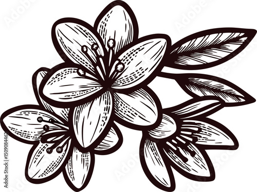 Detailed black and white lily with leaves and textured petals