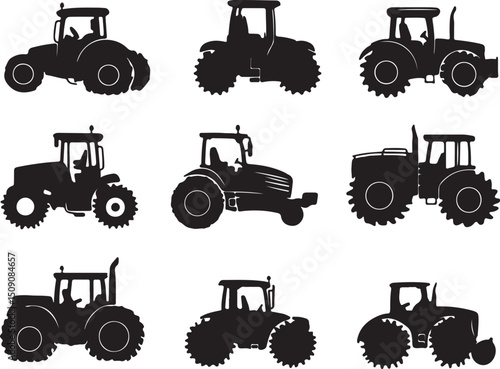 Tractor Silhouette Vector Set: Farm Equipment, Agricultural Machinery, Farming, Black & White Graphics