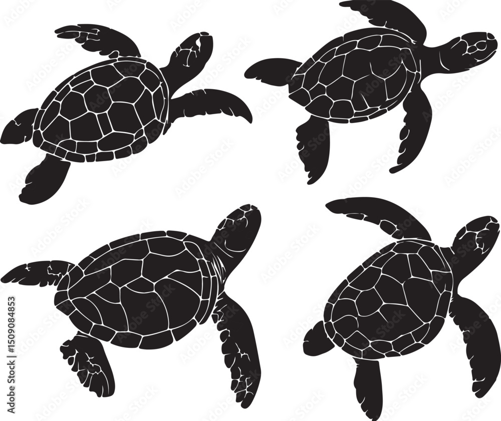 Fototapeta premium Black Silhouette Sea Turtles Vector Illustration, Marine Wildlife Graphic Design Element