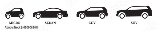 Car icon set. Simple and detailed auto symbol in different styles. Automobile vector illustration. Vehicle sign. Sedan silhouette. Black car graphic design concept.