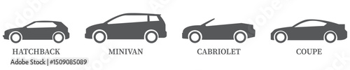 Car icon set. Simple and detailed auto symbol in different styles. Automobile vector illustration. Vehicle sign. Sedan silhouette. Black car graphic design concept.