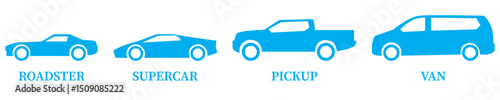 Hatchback car silhouette on a white background. Vehicle icons set view from the side, front, back, and top