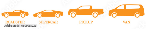 Hatchback car silhouette on a white background. Vehicle icons set view from the side, front, back, and top