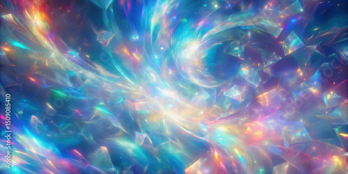 Colorful abstract swirl, iridescent light, glowing geometric shapes, dreamy fantasy background, vibrant and magical atmosphere