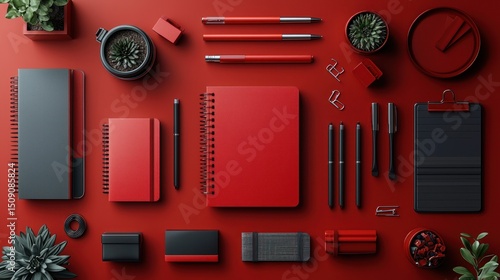 Flat lay of red and black stationery, potted succulents, and office supplies