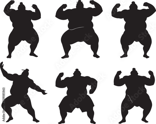 Sumo Wrestler Silhouettes: Japanese Sport, Traditional Culture, Black Vector Illustration, Strong Athlete