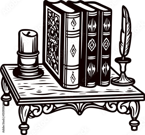 Elegant vintage books and quill on ornate wooden table with candle