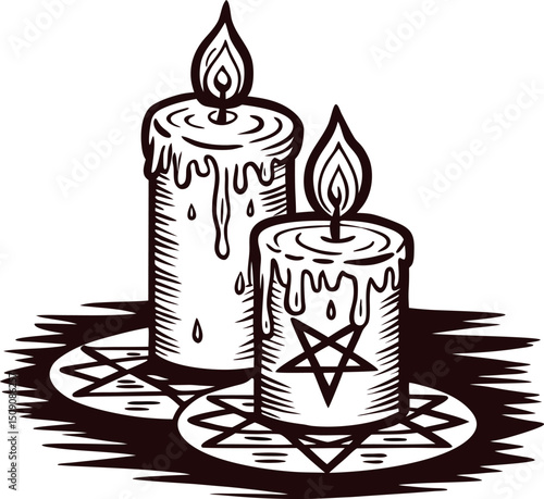 Decorative ritual candles with occult symbols on pentagram mats