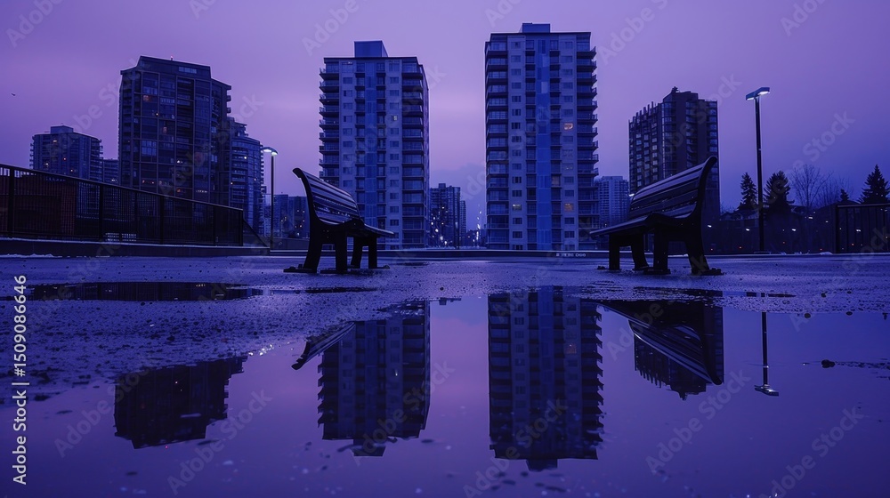 Fototapeta premium Dusk in a rain drenched urban park a serene evening amidst nature and city life