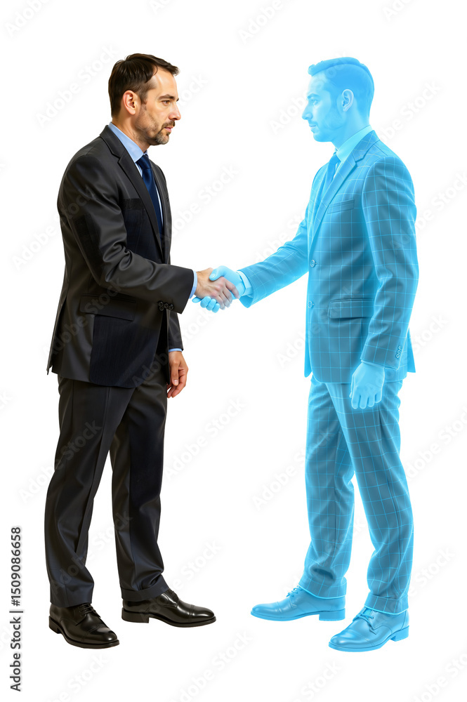 Digital Handshake: A futuristic business concept showing a tangible handshake between two professionals, one real, one digital, symbolizing innovation and partnership. Digital Handshake: A futuristic business concept showing a tangible handshake between two professionals, one real, one digital, symbolizing innovation and partnership.