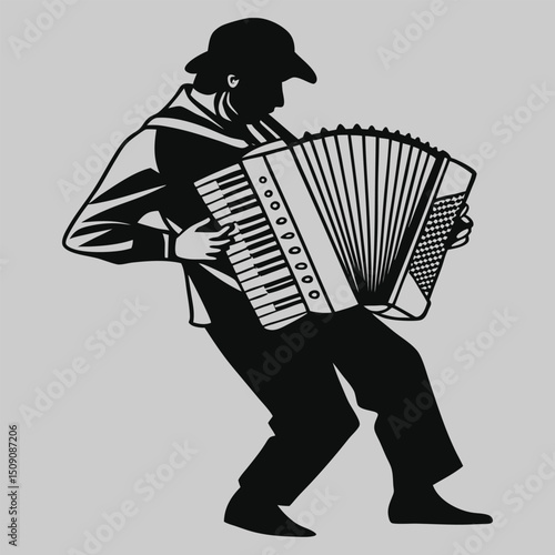 a busker playing accordion silhouette vector design art and illustration