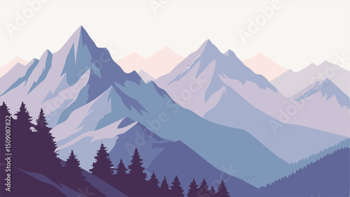 Majestic Mountain Range Illustration: Purple and Blue Peaks