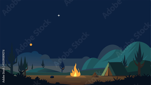 Night Camping Scene: Campfire, Tent, and Starry Sky