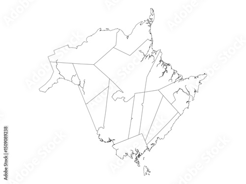 New Brunswick / Nouveau-Brunswick, Canada: Census Divisions Map - Bilingual Outline, Black Lines, Transparent SVG/PNG - Regional Districts.