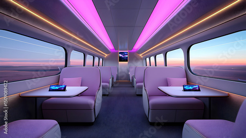 Luxury Train Interior with Purple Lighting and Sunset View