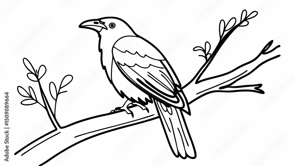 black and white line art, illustration of a bird perched on a branch black and white line art, illustration of a bird perched on a branch