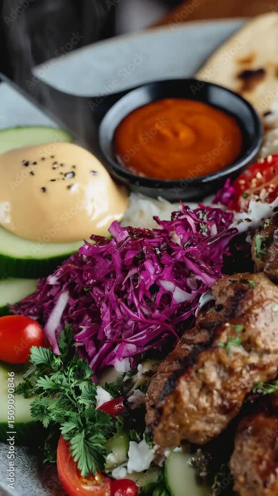 Delicious grilled kofta kebab plate with red cabbage slaw, creamy sauce, pita bread, and rice. Fresh Middle Eastern cuisine. Delicious grilled kofta kebab plate with red cabbage slaw, creamy sauce, pita bread, and rice. Fresh Middle Eastern cuisine.