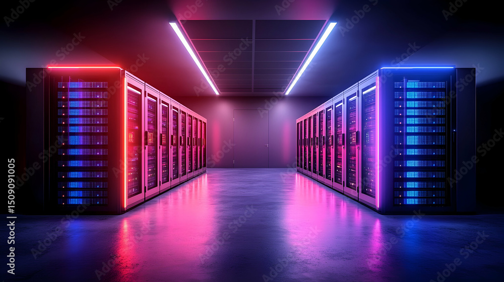 Fototapeta premium Rows of Servers in a Dark Room with Neon Lights