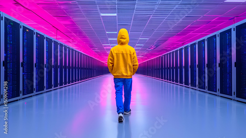 Person Walking Through a Modern Data Center with Pink and Purple Lighting