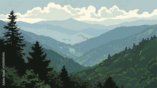 Scenic Smoky Mountains Landscape: Panoramic View of Blue Ridge Mountains